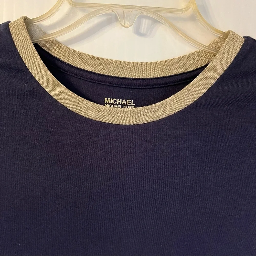 Michael Kors Navy Cotton T-Shirt Gold Trim Crew Neck Logo Top Sz Sm